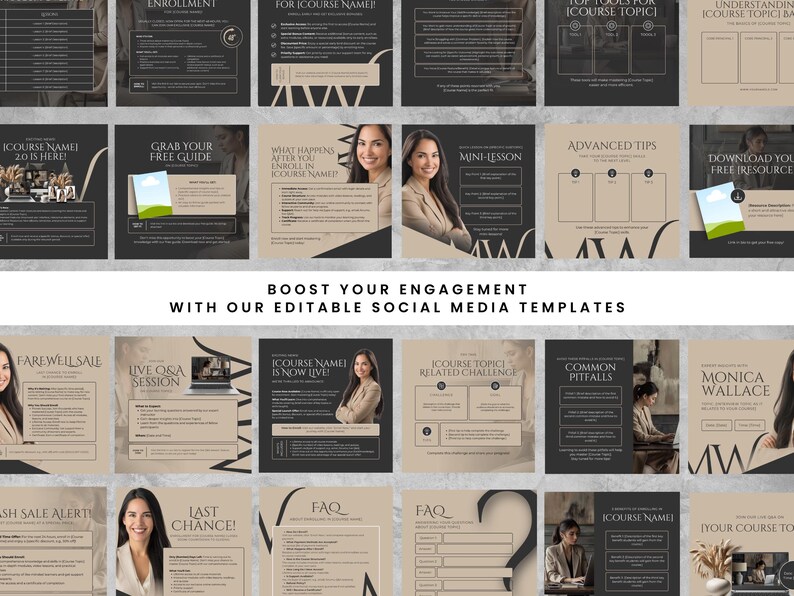 May include: A collection of social media templates with a neutral color palette. The templates feature text and images, including the phrases "Enrollment," "Free Guide," and "Advanced Tips." The overall theme is designed to boost engagement.