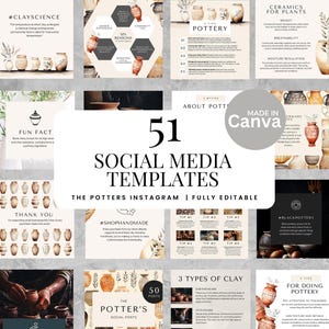 May include: A set of 51 social media templates for pottery businesses. The templates feature watercolour illustrations of pottery, plants, and text such as "Pottery", "Ceramics for Plants", and "The Potter's Instagram". The templates are fully editable.