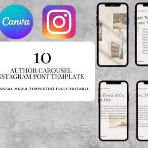 Op de afbeelding: Een Instagram-postsjabloonset met de Canva- en Instagram-logo's, met de tekst "10 AUTHOR CAROUSEL INSTAGRAM POST TEMPLATE". De sjabloon bevat verschillende telefoonmodellen met tekst en afbeeldingen, ideaal voor auteurs.