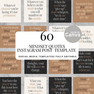 Op de afbeelding: Een verzameling van 60 Instagram Post Templates met Mindset Quotes. De sjablonen bevatten inspirerende citaten in verschillende kleuren, waaronder zwart, beige en wit, met een modern, minimalistisch ontwerp. De tekst is volledig bewerkbaar.