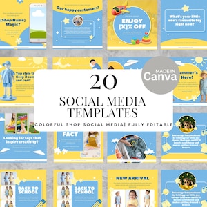 Op de afbeelding: Een verzameling van 20 social media templates in blauw en geel, ontworpen voor winkels. De templates bevatten diverse graphics en tekst, waaronder "Enjoy [X]% Off" en "Back to School". Volledig bewerkbaar.