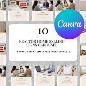 Könnte beinhalten: Ein Social-Media-Vorlagen-Karussell mit zehn Immobilienmakler-Hausschildern. Das Design zeigt ein Canva-Logo und verschiedene Bilder zum Thema Immobilien, darunter Häuser, Personen und das Wort "SOLD."