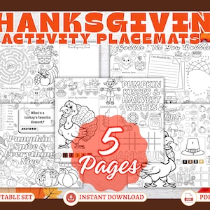 Thanksgiving Activity Placemats Printable Kids Thanksgiving Placemat Games Coloring Pages PDF Bundle