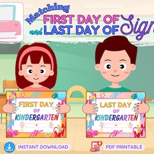 Op de afbeelding: Een digitale afbeelding met twee getekende kinderen die borden vasthouden met de tekst First Day of Kindergarten en Last Day of Kindergarten. De borden hebben kleurrijke abstracte patronen, bijenillustraties en lege invulregels.