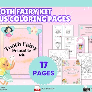 Op de afbeelding: Een printbare Tandenfee-set met 17 pagina's aan kleurplaten, officiële certificaten en briefjes. De set bevat illustraties van feeën en tanden, met de tekst Tooth Fairy Kit Plus Coloring Pages en Tooth Fairy Printable Kit.