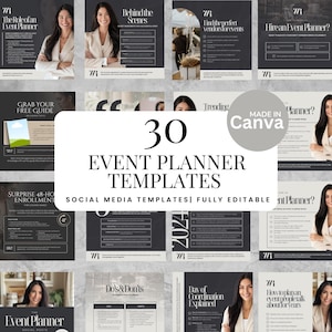 Peut inclure: Ensemble de 30 modèles de médias sociaux pour planificateur d'événements, entièrement modifiables. Les modèles sont dans une palette de couleurs gris foncé et blanc, avec des images d'une femme en blazer. Le texte comprend "Event Planner Templates" et "Made in Canva".