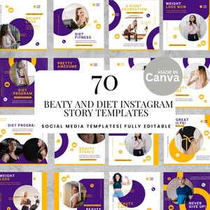 70 Beauty and Diet Instagram Story Templates Editable Canva Social Media Marketing Bundle