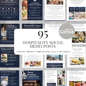 May include: A set of 95 hospitality social media post templates, fully editable, with a dark blue background. The templates include various designs for restaurants and hotels, with the text "Made in Canva".