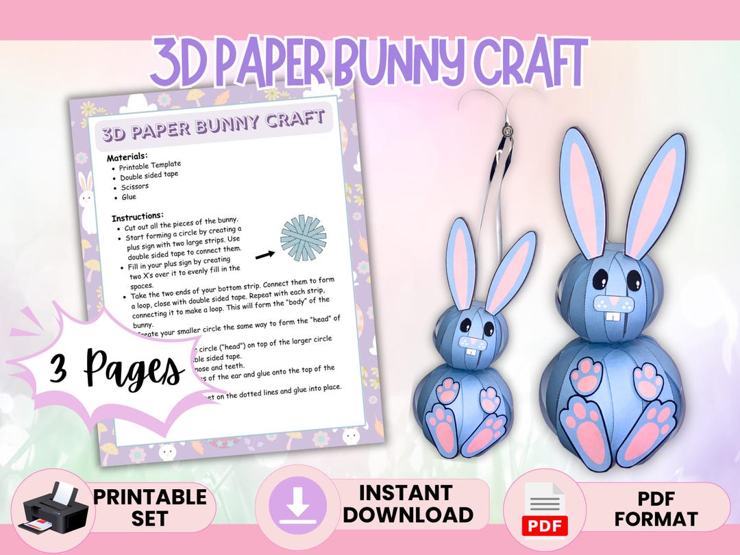 3D Paper Bunny Craft Printable Template, Easter Bunny DIY Craft for ...