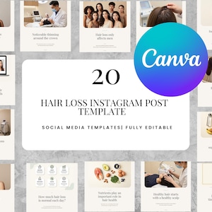 Op de afbeelding: Een verzameling van 20 bewerkbare Instagram-posttemplates voor haarherstelmerken, met diverse lay-outs met afbeeldingen van mensen, medische professionals, haarverzorgingsproducten en educatieve teksten over haargezondheid en haarverlies.