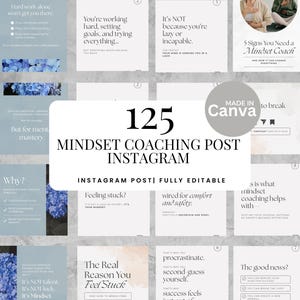Könnte beinhalten: Eine Sammlung von 125 Mindset Coaching Instagram-Posts, vollständig bearbeitbar in Canva. Die Posts haben ein hellblaues und weißes Farbschema mit Text- und floralen Akzenten. Die Posts behandeln Themen wie Zielsetzung und Denkweise.