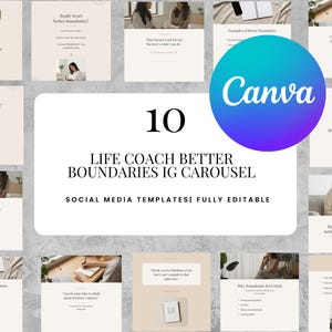 Op de afbeelding: Een digitale collectie van 10 social media sjablonen getiteld Life Coach Better Boundaries IG Carousel. De sjablonen bevatten een neutraal kleurenpalet, schreeflettertypes en fotografische elementen met mensen in verschillende omgevingen.