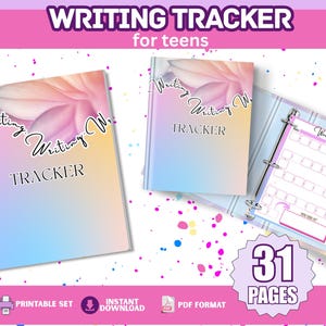 May include: A writing tracker set featuring a spiral-bound notebook and a binder with a pastel gradient cover displaying the text Writing Tracker. The interior includes a word tracker page with a grid layout and the text 31 PAGES.