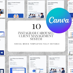 Op de afbeelding: Een digitale sjabloonset getiteld 10 Instagram Carousel: Client Management System, Social Media Templates Fully Editable. De lay-out bevat meerdere witte dia's met zwarte tekst, blauwe grafische accenten en een grote blauwe Canva-logocirkel.