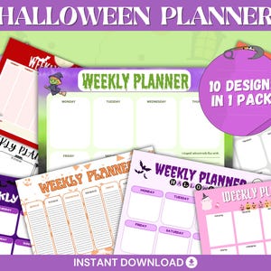 Op de afbeelding: Een verzameling van tien wekelijkse plannerbladen met Halloween-thema, voorzien van diverse ontwerpen met spoken, mummies, heksen en pompoenen. Elke pagina bevat de tekst "WEEKLY PLANNER" en een paarse cirkelvormige badge "10 DESIGNS IN 1 PACK!"
