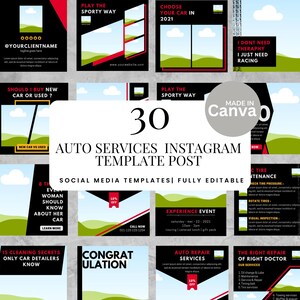 以下が含まれることがあります： 自動車サービス用の30個のInstagramテンプレート投稿のコレクション。テンプレートは、サービスプロモーションや車のケアのヒントなど、車関連のコンテンツ用のさまざまなレイアウトを備えた黒、赤、白、緑の配色です。