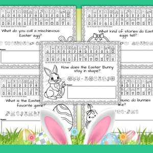 May include: A collection of Easter-themed activity sheets with puzzles and questions. The sheets feature a decoder, Easter eggs, and a bunny illustration. The text includes questions like "What do you call a mischievous Easter egg?" and "What kind of stories do Easter eggs tell?"