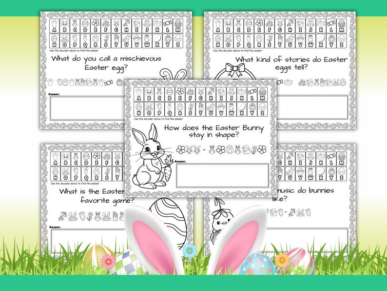 May include: A collection of Easter-themed activity sheets with puzzles and questions. The sheets feature a decoder, Easter eggs, and a bunny illustration. The text includes questions like "What do you call a mischievous Easter egg?" and "What kind of stories do Easter eggs tell?"