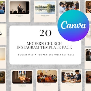 May include: A collection of 20 modern church Instagram templates featuring various scenes including worship services, community gatherings, and event announcements. The central text reads 20 MODERN CHURCH INSTAGRAM TEMPLATE PACK SOCIAL MEDIA TEMPLATES FULLY EDITABLE.