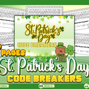Op de afbeelding: Een set van vijf printbare St. Patrick's Day codekraker-werkbladen met groene klaverpatronen, een cartoonbeer met een groene hoed en diverse woordpuzzels met symbool-lettercodes voor het ontcijferen van grappen in het thema.