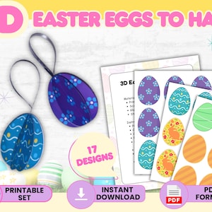 3D Easter Egg Hanging Decorations Printable DIY Paper Easter Ornaments Spring Decor PDF Template Set