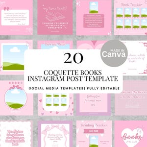 Op de afbeelding: Een verzameling van 20 roze Instagram post templates voor "Coquette Books". De templates zijn volledig bewerkbaar en bevatten ontwerpen voor boekenvolgers, leesrecensies en citaten. De Canva-templates hebben een zachte, vrouwelijke uitstraling.