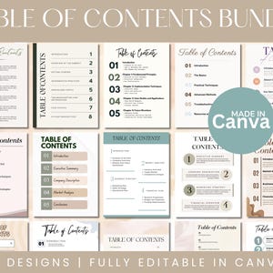 Op de afbeelding: Een verzameling van twintig digitale inhoudsopgave-sjablonen met diverse lay-outs, typografiestijlen en neutrale kleurenpaletten. Elke pagina bevat genummerde lijsten en sectiekoppen, met de tekst MADE IN CANVA zichtbaar.