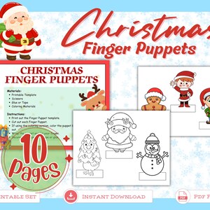 Op de afbeelding: Een printbare set kerstvingerpoppetjes met 10 pagina's aan sjablonen. Het ontwerp bevat kleurrijke illustraties van de kerstman, een elf en een peperkoekmannetje, naast zwart-wit lijntekeningen van een boom, kerstman en sneeuwman.