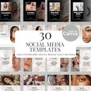 Op de afbeelding: Een verzameling van 30 social media templates voor wimperextensions, volledig bewerkbaar. De templates bevatten afbeeldingen van wimperextensions, schoonheidstips en vrouwen. Ontworpen voor gebruik op social media platforms.