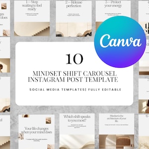 Op de afbeelding: Een Canva-sjabloonset voor Instagram, ontworpen als een carrousel met tien dia's. De dia's gebruiken een neutraal kleurenpalet en bevatten tekst zoals "Mindset Shift Carousel" en "Social Media Templates". Elke dia bevat een inspirerende quote.