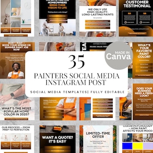 Op de afbeelding: Een verzameling van 35 social media templates voor schilders, ontworpen voor Instagram. De templates zijn volledig bewerkbaar en hebben een warm kleurenpalet met tekst zoals "Painters Social Media Instagram Post". Het Canva-logo is ook zichtbaar.