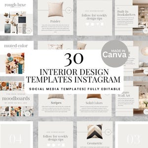 May include: A collection of 30 Instagram interior design templates. The templates feature various design themes, including "Paisley," "Stripes," and "Geometric." The text "Interior Design Templates Instagram" is prominently displayed.