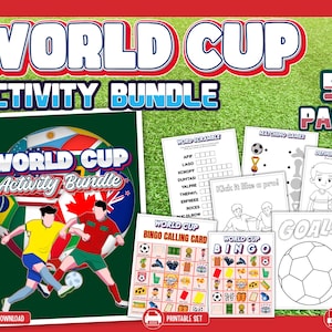 Op de afbeelding: Een WK-activiteitenbundel met 50 pagina's aan printbare spellen in voetbalthema, waaronder woordzoekers, koppelspellen, bingokaarten en kleurplaten. De omslag toont twee voetballers en diverse internationale vlaggen.