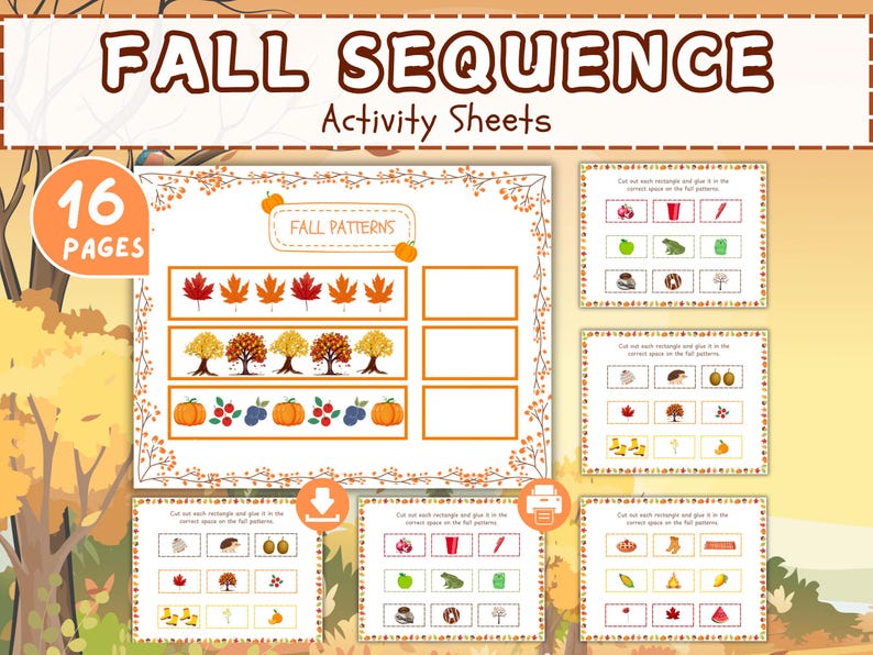 Fall Sequence Activity Sheets Printable | Autumn Pattern Worksheets for ...