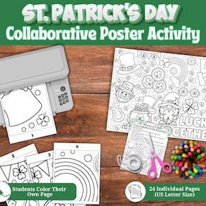 Op de afbeelding: Een St. Patrick's Day samenwerkingsposter-activiteitenset met een printer, meerdere kleurplaten met klavertjes, kabouters en regenbogen, een roze schaar, een rol tape en een verzameling kleurrijke stiften op een houten ondergrond.