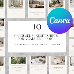 10 Vorlagen für Mindset-Change-Karussells, Calm Life Coaching, Canva-Vorlagen für Instagram-Posts, bearbeitbarer Inhalt
