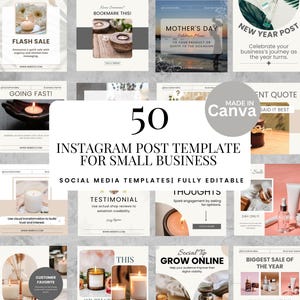 Op de afbeelding: Een verzameling van 50 Instagram post templates voor kleine bedrijven, volledig bewerkbaar. De templates bevatten diverse ontwerpen met tekstoverlays, waaronder "Flash Sale", "Mother's Day" en "New Year Post".