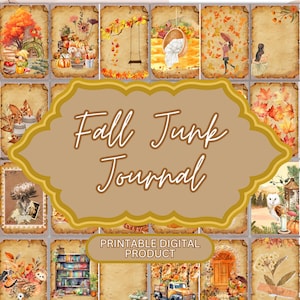 Op de afbeelding: Een verzameling rechthoekige kaarten met achtergronden in vintage papierstijl en herfstachtige illustraties, waaronder pompoenen, bladeren, uilen en gezellige scènes. De tekst "Fall Junk Journal" en "PRINTABLE DIGITAL PRODUCT" is eroverheen geplaatst.