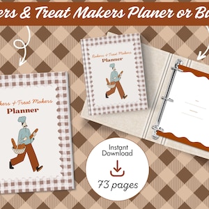 Op de afbeelding: Een Bakers & Treat Makers planner of ordner set met een bruin en wit ruitpatroon. De covers tonen een illustratie van een bakker die brood draagt. De set bevat een spiraalgebonden planner, een klein boekje en een ringband.