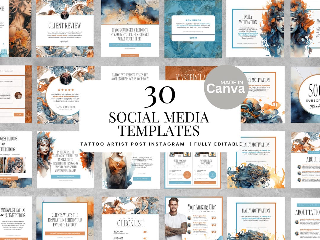 Tattoo Artist Social Media Template Pack, Canva Instagram Post Designs ...