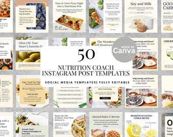 50 Nutrition Coach Instagram Post Templates Editable Canva Social Media Content Pack