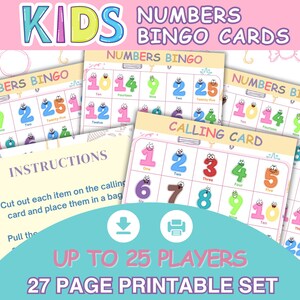 Op de afbeelding: Een printbare set met cijfer-bingokaarten voor kinderen, voorzien van kleurrijke, cartoonachtige cijfers met oogjes. De set bevat meerdere speelkaarten, een roepkaart met de cijfers één tot en met vijfentwintig en een instructieblad.