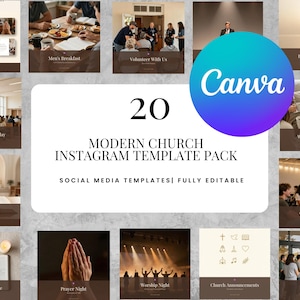 May include: A collection of 20 modern church Instagram templates featuring various layouts for social media posts. The design includes text overlays such as 20 MODERN CHURCH INSTAGRAM TEMPLATE PACK, SOCIAL MEDIA TEMPLATES FULLY EDITABLE, and Canva.