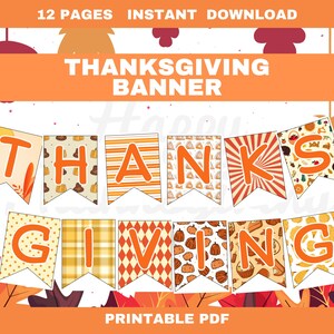 Op de afbeelding: Een printbare Thanksgiving-banner bestaande uit 12 wimpels met oranje letters die THANKSGIVING spellen. Elke wimpel toont unieke herfstpatronen, waaronder strepen, ruiten, pompoenen en bladeren op een witte achtergrond.