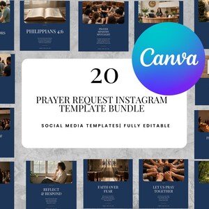 Op de afbeelding: Een verzameling van 20 digitale social media sjablonen voor gebedsverzoeken, met donkerblauwe achtergronden, witte tekst, diverse religieuze afbeeldingen en een Canva-logo. De bundel bevat bewerkbare lay-outs voor Instagram-berichten.