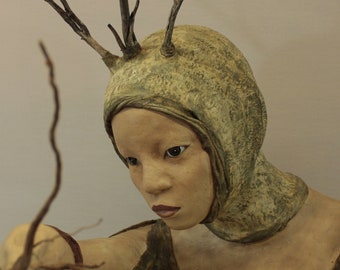 Aglaya, sculpture bust of a Greek goddess in paper mache and watercolor.