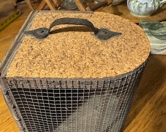 Vintage trap or carrier hand made wood wire mesh animal bird