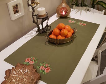 Olive Green Cotton Linen Table Runner with floral Embroidery