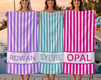 Personalized Name Beach Towel, Custom Vacation Towel, Pool towel, Groovy Bath Towel, Bachelorette Towel, Striped Towel, Birthday Party Favor