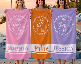 Gepersonaliseerde naam strandlaken, aangepaste vakantiehanddoek, groepsreis zwembadhanddoek 2026, retro badhanddoek, vrijgezellenfeesthanddoek, gunst verjaardagsfeestje